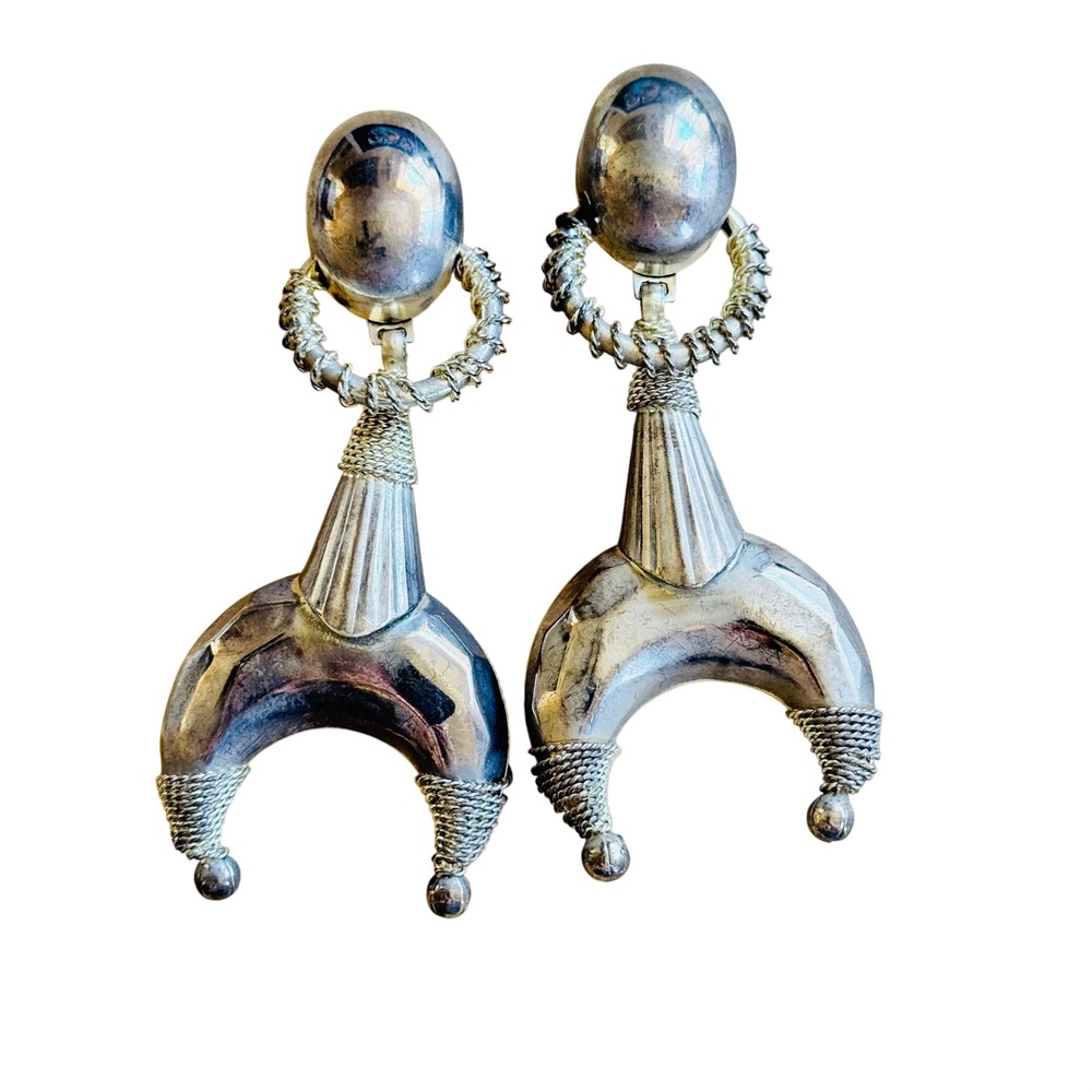 VTG Funky Flashy Large Earrings Distressed Runway Silver Dangle Statement Clip